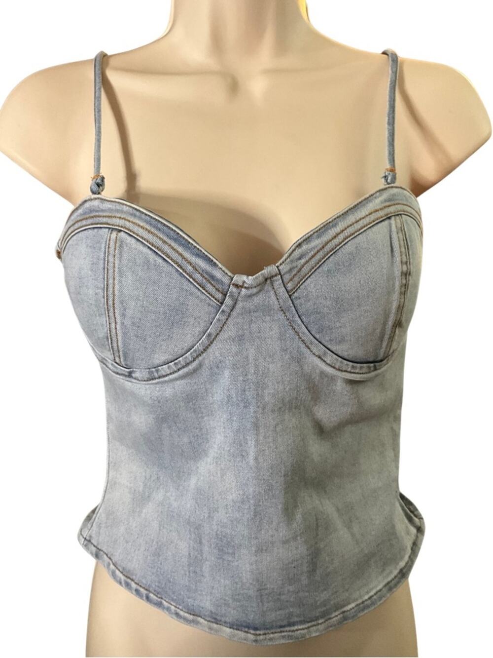 JLUX Label Denim Bustier Corset Crop Top NWT Size Small Light Wash Back Zip